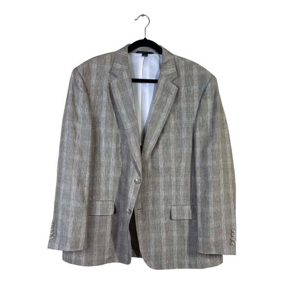 Haspel Mens 100% Linen Sport Coat Blazer Suit Jacket Plaid Tan Taupe Size 46 R - Picture 1 of 9